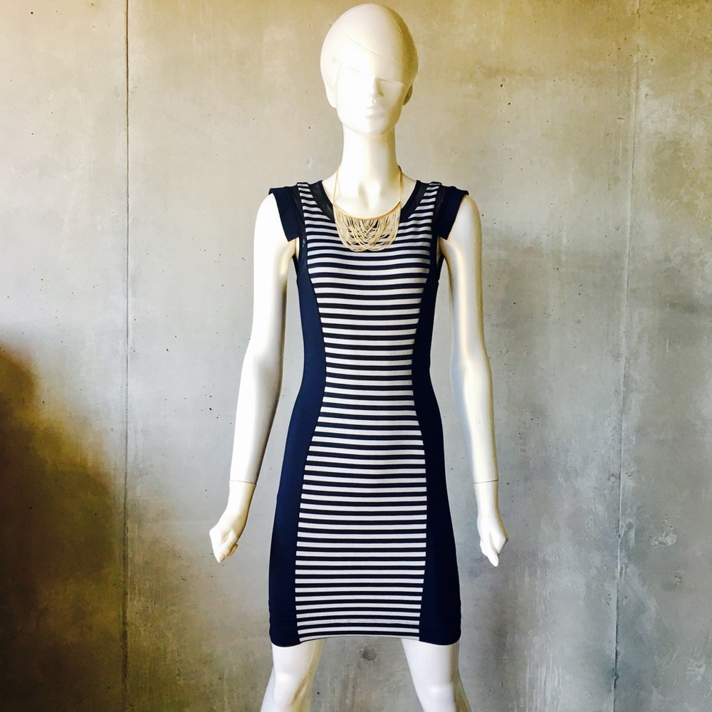 Bebe Stripe Bonded Dress, Black/White, Size XS